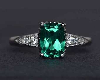emerald engagement ring cushion cut green gemstone ring sterling silver May birthstone wedding rings