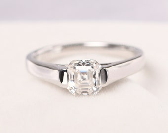 dainty moissanite ring sterling silver asscher cut 1.1 carat minimalist wedding ring