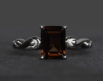 natural smoky quartz ring proposal ring brown gemstone sterling silver ring emerald cut gems solitaire ring