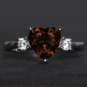 promise ring natural smoky quartz heart cut brown gemstone sterling silver ring