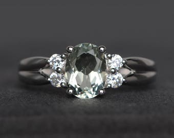 natural green amethyst ring wedding ring oval cut green gemstone sterling silver ring