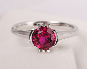 unique ruby ring sterling silver solitaire wedding ring round shaped July birthstone ring