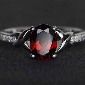 garnet engagement ring oval shaped gemstone ring sterling silver ring anniversary gift January birthstone