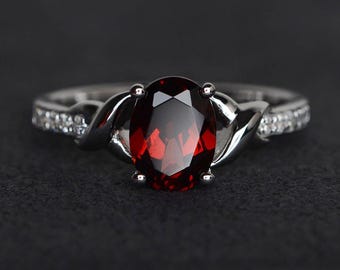 garnet engagement ring oval shaped gemstone ring sterling silver ring anniversary gift January birthstone