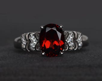natural garnet ring promise ring oval cut red gemstone January birthstone sterling silver ring