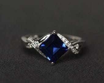 blue sapphire ring September birthstone square cut blue gemstone ring anniversary ring