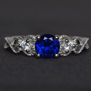 blue sapphire ring engagement ring round cut blue gemstone sterling silver ring September birthstone