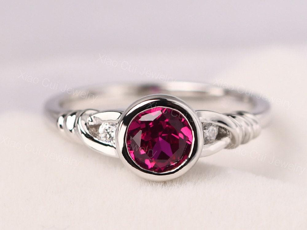 vintage ruby twist rope promise ring round cut 6 mm 14k gold July birthstone ring