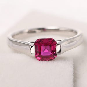 asscher cut minimalist ruby ring sterling silver solitaire engagement ring July birthstone ring
