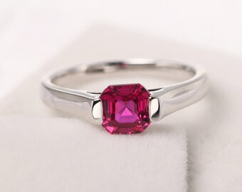 asscher cut minimalist ruby ring sterling silver solitaire engagement ring July birthstone ring