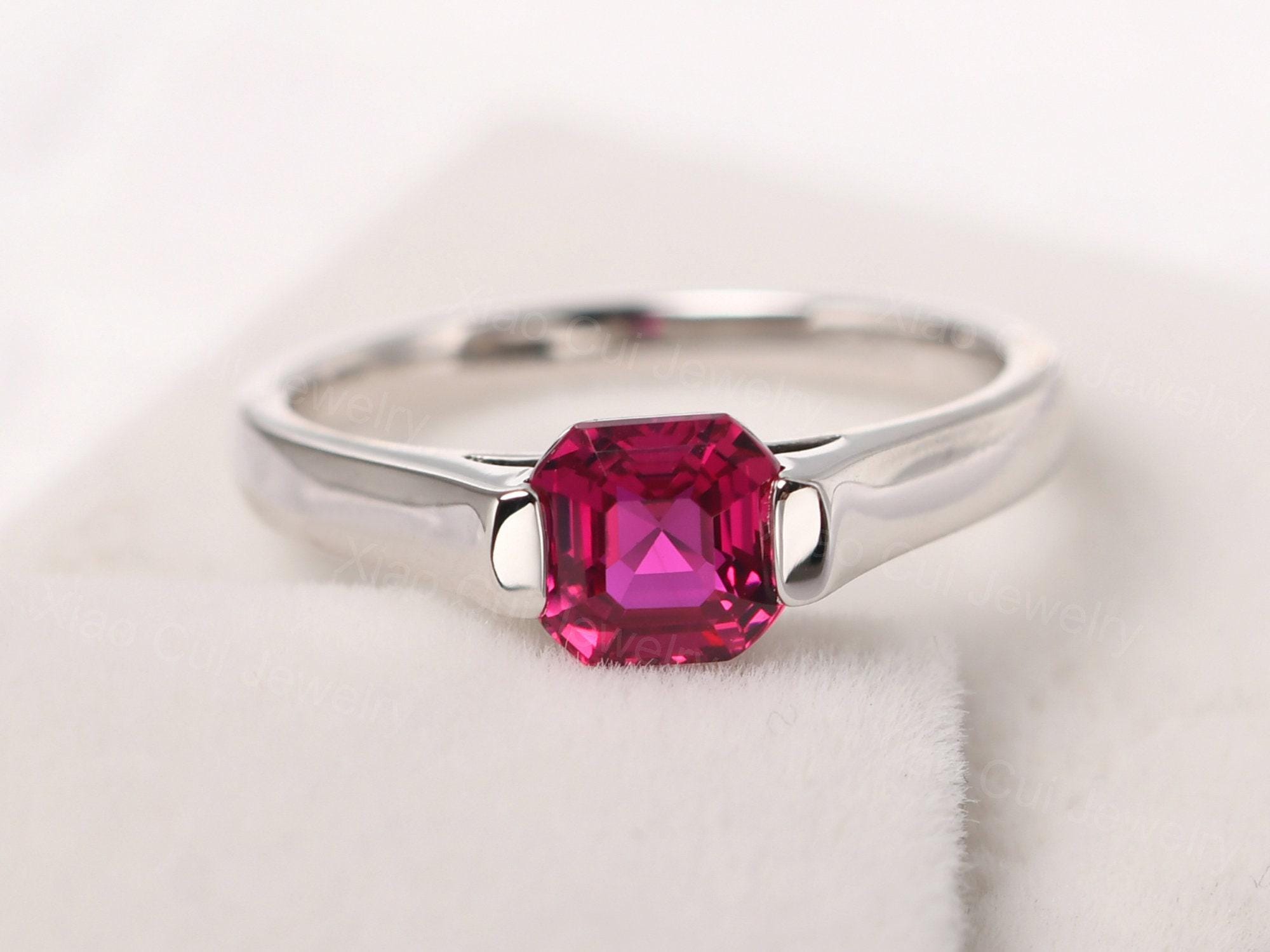 Asscher Cut Minimalist Ruby Ring Sterling Silver Solitaire Engagement ...
