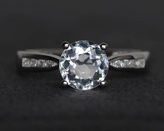 natural white topaz ring round cut gemstone ring sterling silver ring
