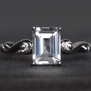 natural white topaz ring engagement ring sterling silver ring emerald cut gems solitaire ring