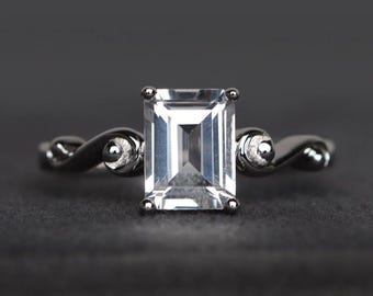 natürliche weiße Topasring Verlobungsring Sterling Silber Ring Smaragd geschliffene Edelsteine Solitärring