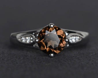 round cut smoky quartz ring gemstone ring engagement rings silver