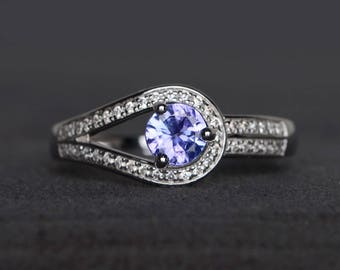 engagement ring natural tanzanite ring round cut gemstone sterling silver ring December birthstone