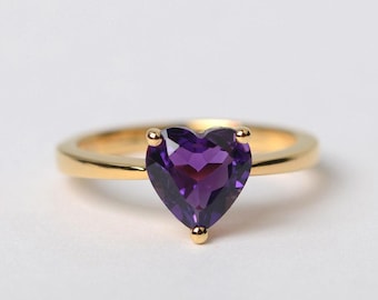 natural amethyst ring February birthstone heart cut gemstone sterling silver plated with yellow gold