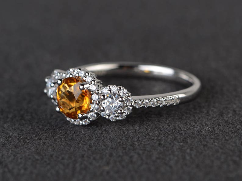 yellow gemstone natural citrine ring engagement ring round cut sterling silver ring November birthstone