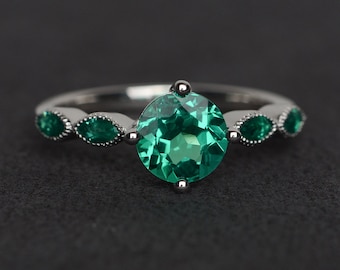 emerald ring green gemstone ring engagement ring May birthstone ring silver wedding ring emerald