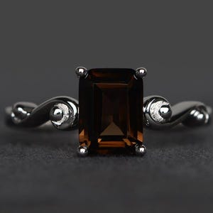 natural smoky quartz ring proposal ring brown gemstone sterling silver ring emerald cut gems solitaire ring
