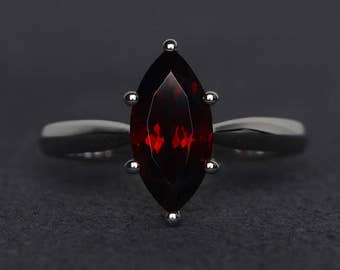 solitaire ring red garnet ring marquise cut engagement ring red gemstone ring silver January birthstone