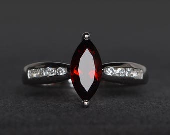 natural red garnet ring garnet engagement ring January birthstone marquise cut red gemstone sterling silver ring gifts