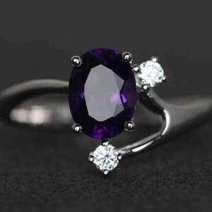 purple amethyst ring oval amethyst engagement ring gemstone ring sterling silver February birthstone ring three stone ring