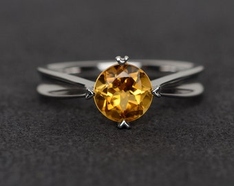 citrine ring round cut sterling silver anniversary rings solitaire ring November birthstone ring