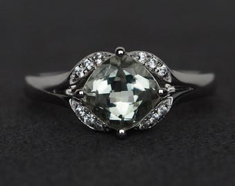 green amethyst ring natural green gemstone engagement ring silver promise ring