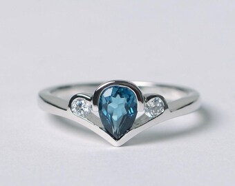 London blue topaz ring sterling silver ring pear cut wedding ring blue gemstone ring