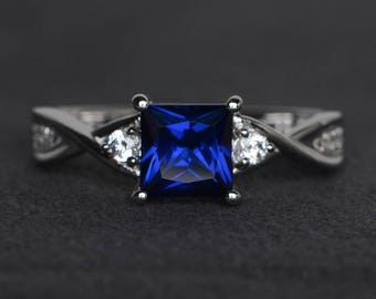 princess cut sapphire ring blue sapphire engagement ring sterling silver ring blue gemstone ring September birthstone