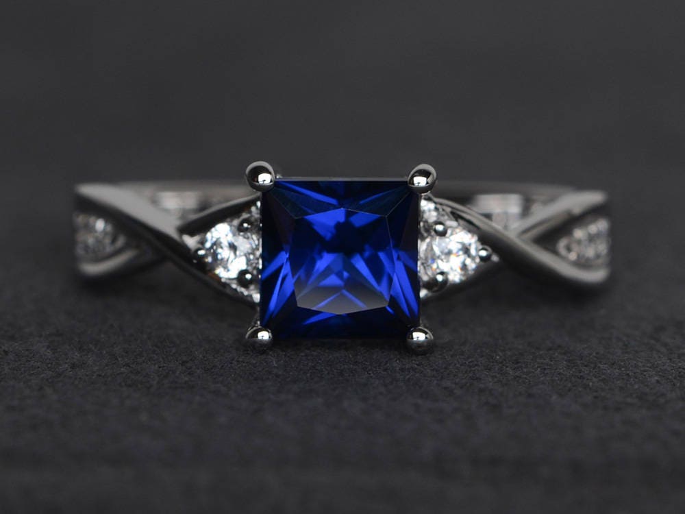 Lab Created Blue Sapphire Ring w/ Diamond Accents 14K White Gold