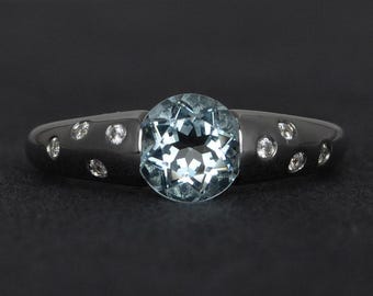 Anillo de aguamarina natural, anillo de propuesta de plata, anillo de compromiso con bisel de aguamarina de talla redonda