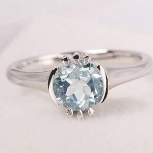 simple aquamarine ring round shaped 7 mm statement ring silver March birthstone ring