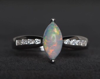 natural white opal ring opal anniversary ring October birthstone marquise cut white gemstone sterling silver ring
