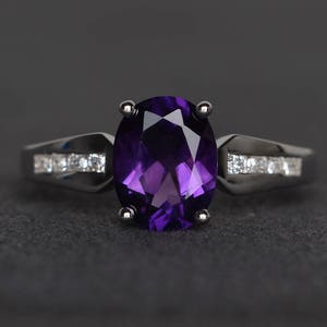 wedding ring natural amethyst sterling silver purple gemstone ring oval cut February birthstone ring