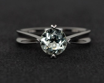groene amethist ring zilver natuurlijke edelsteen ring rond geslepen solitaire ring groene amethist ring groene kwarts ring kristallen ring