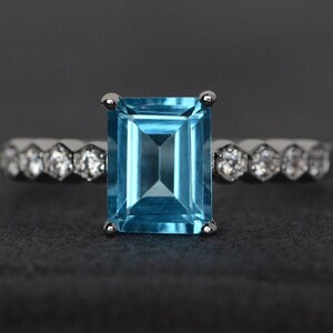 Swiss blue topaz ring emerald cut silver blue gemstone ring engagement ring
