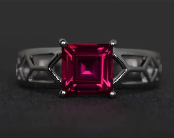 Quadratischer Rubinring Sterlingsilber roter Rubin Verlobungsring Versprechensring Solitärring Juli Geburtssteinring