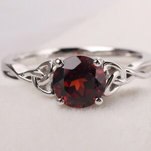 unique celtic knot ring sterling silver garnet ring round cut January birthstone ring