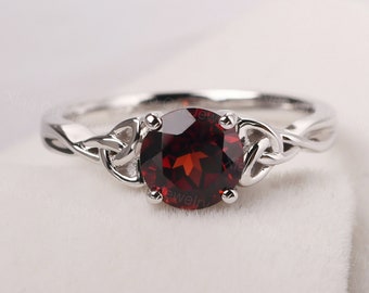 unique celtic knot ring sterling silver garnet ring round cut January birthstone ring