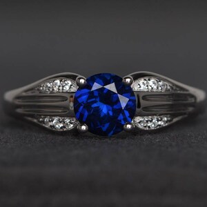 wedding ring blue sapphire ring September birthstone round cut blue gemstone sterling silver ring