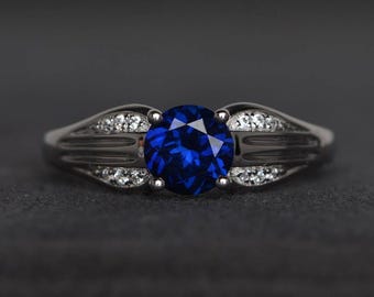 wedding ring blue sapphire ring September birthstone round cut blue gemstone sterling silver ring
