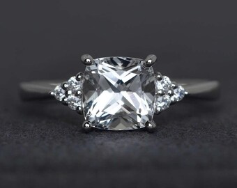 cushion cut white topaz ring delicate engagement ring white gemstone ring sterling silver ring