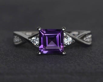 natural amethyst ring silver square cut engagement ring for women purple gemstone rings February birthstone ring