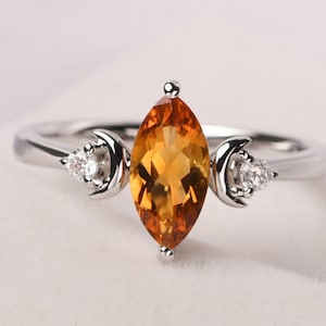 Anillo único de citrino en plata de ley con corte marquesa y luna de bodas, anillo con piedra de nacimiento de noviembre.