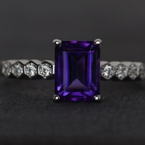 amethyst ring emerald cut purple amethyst ring engagement ring sterling silver ring February birthstone ring