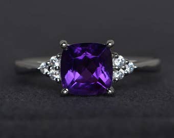 amethyst ring purple ring cushion cut engagement ring gemstone rings sterling silver ring anniversary ring