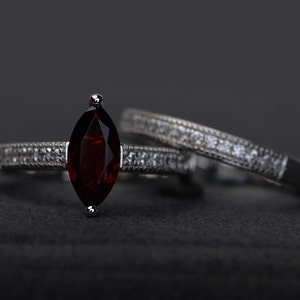 natural garnet ring set engagement ring silver marquise cut red gemstone rings January birthstone ring bridal ring set image 1