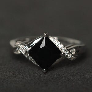 natural black spinel ring princess cut black gemstone ring engagement ring silver